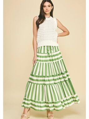 Pinch Green and White Striped Tiered Maxi Skirt Size Large